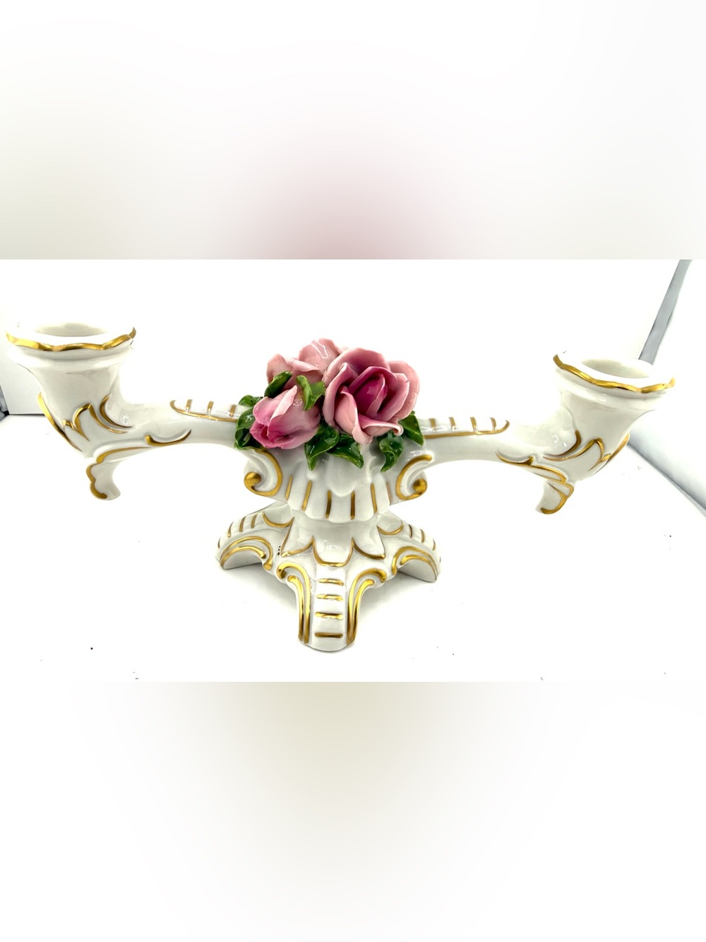 Dresden Double Candlestick Holder Pink Roses